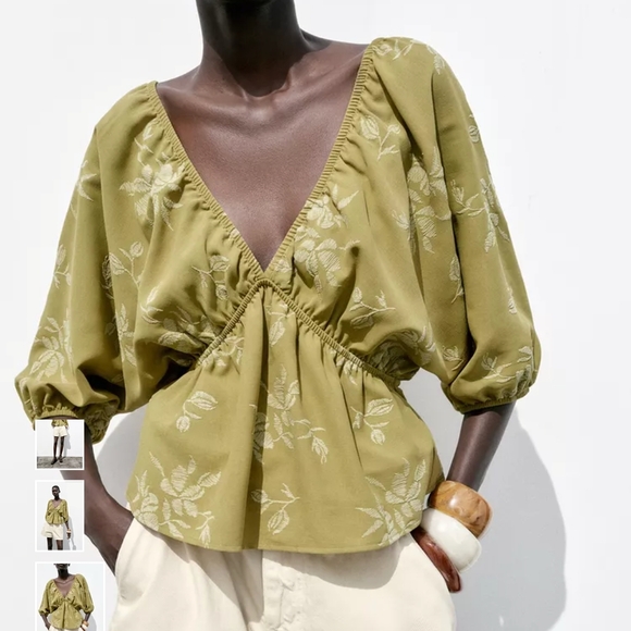 Zara Mustard Floral Blouse with Tie Back - Picture 2 of 8